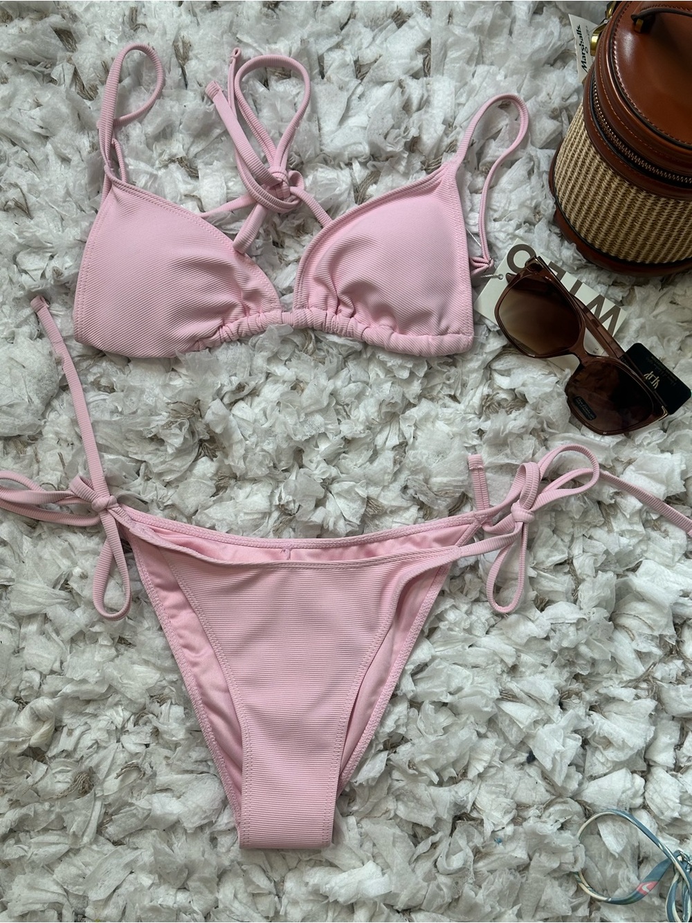 NWT Wilo The Label Pink Ribbed Tie Bikini Set XS Retail $88